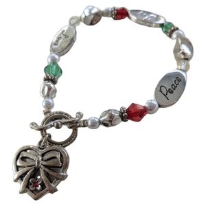 Peace Joy Love Heart Charm Christmas Holiday Festive Silver Bracelet 🎄❤️